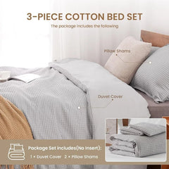 Duvet Cover Set King Size 100% Cotton,Light Gray Waffle Weave Soft and Breathable 3 PCs Bedding Set (1 Duvet Cover and 2 Pillow