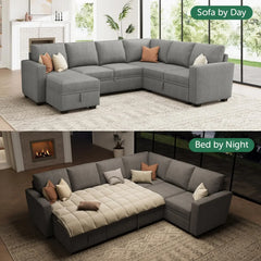 Modular Sectional Sleeper Sofa Bed, Corduroy Pull Out Couch with Storage Ottoman, U Shaped Sectional Couches for Living Room