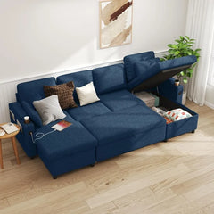 DURASPACE Sofa Bed Pull Out Couch Sleeper with Storage Chaise, with USB Charging Ports, Cup Holder