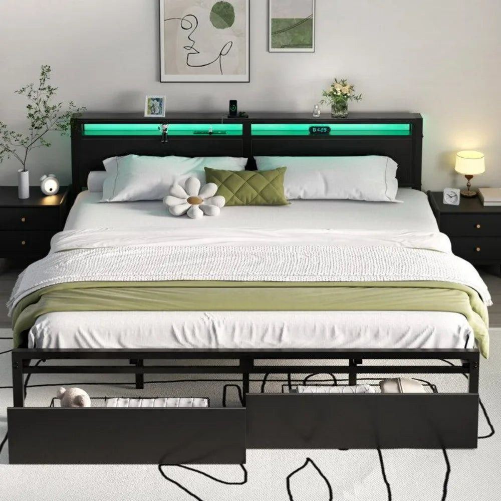 Bed Frame with 2 Storage Drawers & Headboard, Charging Station, Smart LED Lights, Luxury Double/Queen Bed, Man Cave Furniture