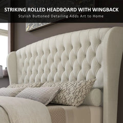 King Size Platform Bed Frame, Chenille Upholstered Sleigh Bed with Scroll Wingback Headboard & Footboard/Button Tufted