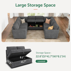 Modular Sectional Sleeper Sofa Bed, Corduroy Pull Out Couch with Storage Ottoman, U Shaped Sectional Couches for Living Room