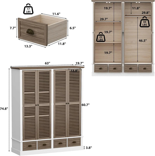 4 Doors Wardrobe Armoire with Louver Doors, Storage Shelves, 4 Drawers & Hanging Rod, (63”W Wooden Closet Storage Cabinet for Be