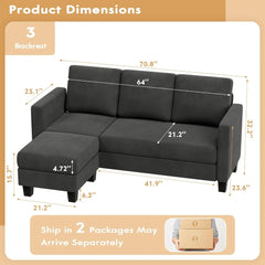 Convertible Sectional Sofa Couch 3 Seat L-Shaped Sofa with Linen Fabric Movable Ottoman Small Couch (Dark Gray)