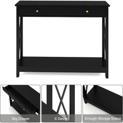 Black Console Table with Drawer and Storage Shelves, Foyer Sofa Table Narrow for Entryway, Living Room, Hallway