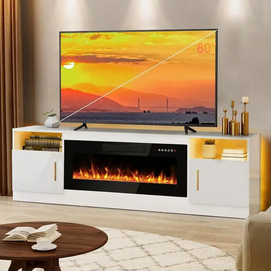 Fireplace tv Stand with 36 inch Fireplace Up to 80"TVs,LED Light Entertainment Center and Storage,70Modern Wood Media TV Console