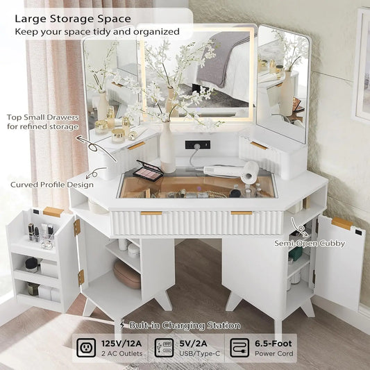 Fluted Makeup Vanity Desk with 3 Way Mirror and Lights, 48" Large Corner Vanity Table with Glass Top, Charging Station, 3 Drawer