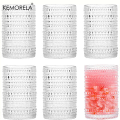 15oz Hobnail Drinking Glasses with Straws Vintage Glassware Set of 6 Embossed Vintage Water Cups, Highball Glasses for Cocktail