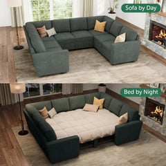 Modular Sectional Sleeper Sofa Bed, Corduroy Pull Out Couch with Storage Ottoman, U Shaped Sectional Couches for Living Room