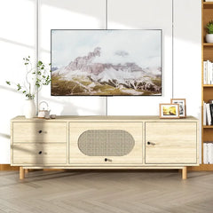 Boho TV Stand with Rattan Door, Modern Entertainment Center for 70 Inch TV, Media Console Table with Cabinet Storage