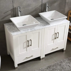 Double Sink White Bathroom Vanity Cabinet Solid Wood Marble Top Mirror Faucet&Drain Set White sink