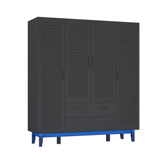 Large Capacity Storage Wardrobe Armoire for Bedroom, 4 Door LED Wardrobe with Drawers, Hanging Rod, 4 Louver Doors, Black