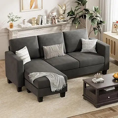 Sectional Sofa Couch, 3 Seat L-Shaped Sofa with Linen Fabric, Movable Ottoman Small Couch for Small apartments