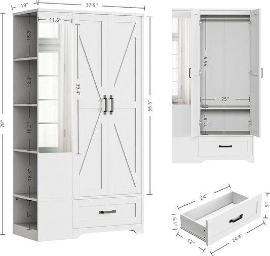 Armoire Wardrobe Closet with Barn Doors and Drawers and Full Mirror and 5 Storage Shelves 70" Wooden Bedroom Wardrobe Combinatio