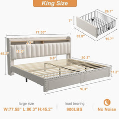 King Size Bed Frame with Storage and Headboard, Upholstered Bed Frame with Storage, Bed Frame with 2 Drawers, Large size