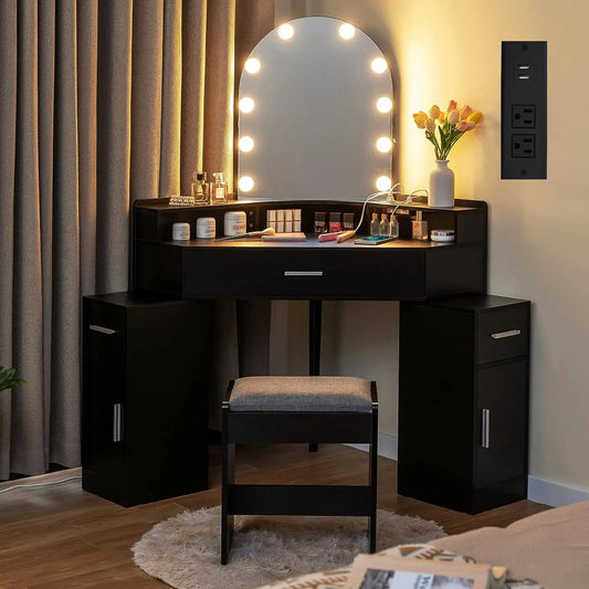 Corner Vanity Desk with Mirror and Lights, Makeup Vanity Table with Charging Station, 3 Drawers & Retractable Side Cabinets