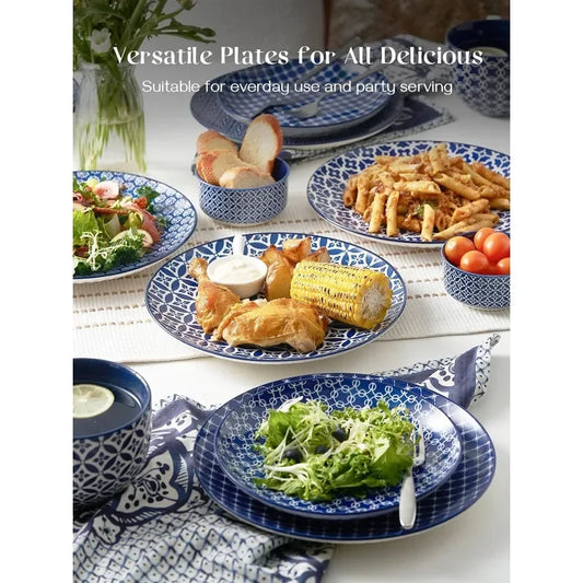 Ceramic Dinner Plates - 10.5 Inch Blue and White Salad Plates, Porcelain Large Serving Dishes Set for Assorted, Pasta, Steak