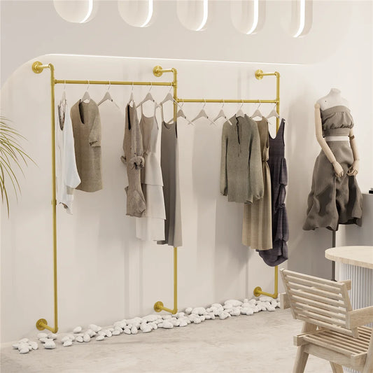 Industrial Pipe Clothing Rack Wall Mounted,Clothes Racks with Hanging Rods for Closet Storage(Gold)