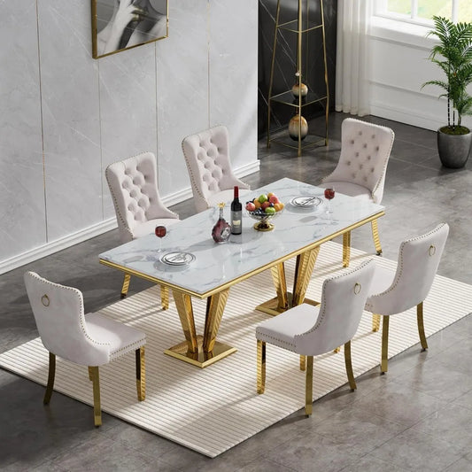 70 Inch Luxury Marble Dining Table Set, Modern Imitation Marble Dining Table, Equipped with 6 Sets of White Velvet Dining Chairs