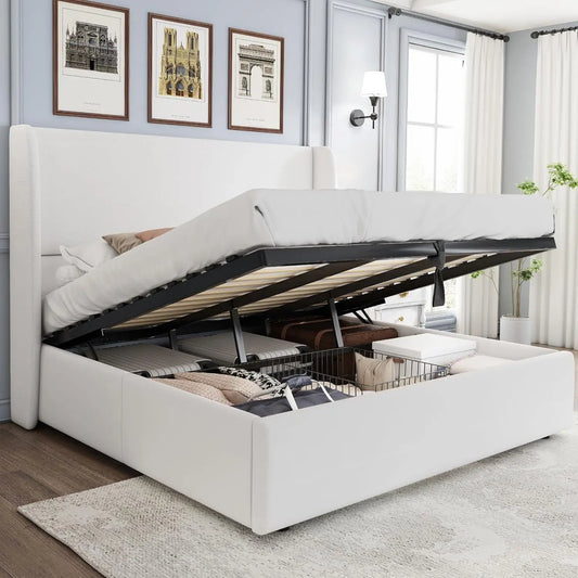 King Size Lift Up Storage Bed Upholstered Platform Bed Frame with Hydraulic Storage/Wingback Headboard/No Box Spring NeededWhite