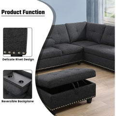 Sectional Sofa with Ottoman Nail-Head Design Linen Right Facing Modern Couches with Cup Holder L Shaped Sectional Sofa