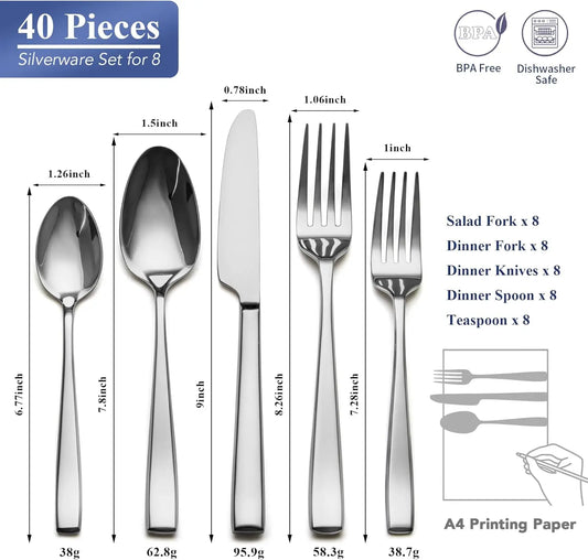 40 Piece Silverware Set Service for 8, EIUBUIE Premium Stainless Steel Cutlery Set, Mirror Polished Flatware Sets Heavy Duty and