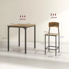 3 Piece Counter Height Bar Table and Chairs Set Industrial Small Dining Table Set for 2 Square Kitchen Table and Stools