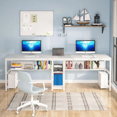 Two Person Desk with Bookshelf, 78.7 Computer Office Double Desk for Two Person, Rustic Writing Desk Workstation