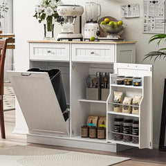 13 Gallons Tilt Out Trash Cabinet Kitchen Storage Cabinet Free Standing Recycling Cabinet Trash Can Holder with Hideaway Drawers