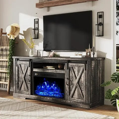 Fireplace TV Stand with Sliding Barn Door for TVs up to 73", Farmhouse 63" Fireplace Entertainment Center with Storage Cabinets