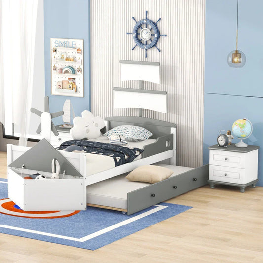 3-Pieces Bedroom Sets,Twin Size Boat-Shaped Platform Bed with Trundle and Two Nightstands,White+Grayv