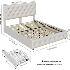 Bed Frame with 4 Storage Drawers and Adjustable Headboard, Upholstered Platform Bed with Button Tufted Design, Strong Wood