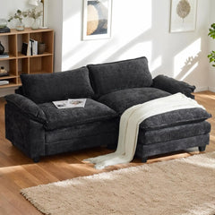 Sectional Sofa Modular Deep Seat Couch with Ottoman Chenille Sofa Sleeper Comfy Upholstered Furniture 2-Seat & 1-Ottoman Black