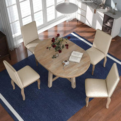 5-Piece Farmhouse Dining Table Set Wood Round Extendable Dining Table and 4 Upholstered Dining Chairs