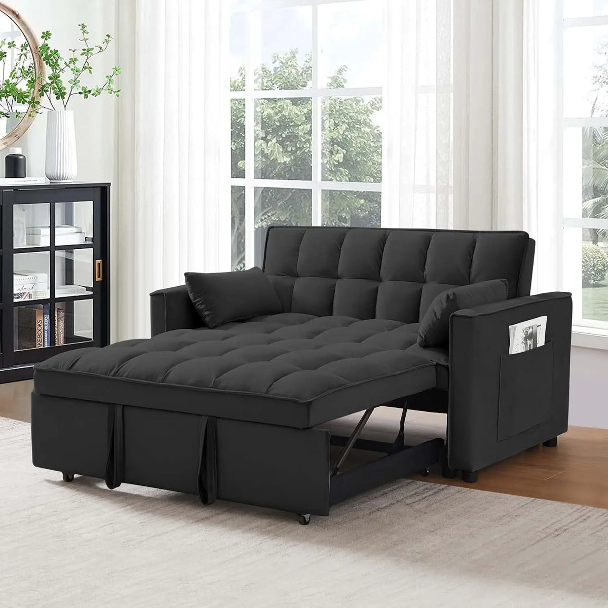 3-in-1 2-Seater Loveseat Pull Out Couch Reclining Backrest,Toss Pillows Pockets-Perfect for Small Spaces Velvet Sleeper Sofa Bed