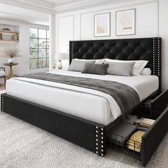 Queen Size Upholstered Bed Frame with Storage Velvet Platform Tufted Bed Frame with 4 Drawers and Headboard,  Black Bed