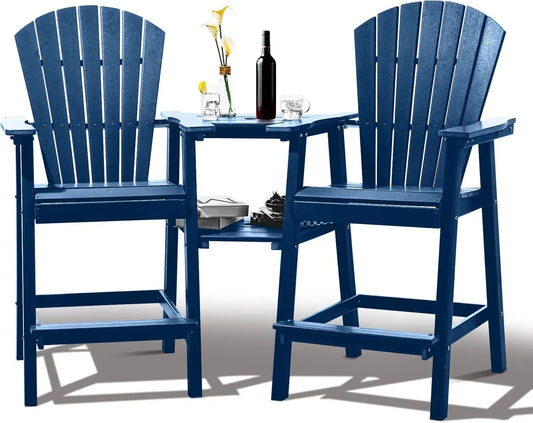 Tall Adirondack Chairs Set of 2，Recycled Poly Balcony Chair with Double Connecting Tray Patio Stools Weather Resistant