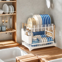 2 Tier Dish Bowl Drainer Storage Rack Kitchen Dish Drying Rack with Drain Basket Rust-Proof Countertop Dinnerware Organizer