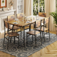 Qsun 63” Extendable Dining Table Set for 4-6 People, 7-Piece Dining Table Set, Rustic Brown Kitchen Table Set for Small Space