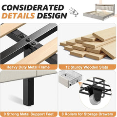 King Size Bed Frame with Storage and Headboard, Upholstered Bed Frame with Storage, Bed Frame with 2 Drawers, Large size