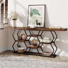 Extra Long Console Table with Shelves, Narrow Sofa Table Behind Couch with Storage, Industrial Entryway Table TV Stand