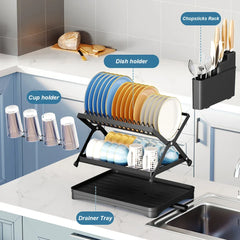 2-Tier Kitchen Counter Dish Drainer Storage Rack Collapsible Dish Bowl Rack Water Cup Organizer with 360° Retractable Drain