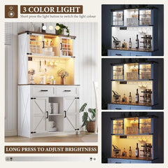 Bar Cabinet with LED Lights & Power Outlets, Kitchen Buffet with Hutch & 2 Large Drawers, Barn Door Design, 8 Storage Shelves