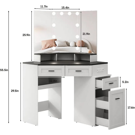 Corner Vanity Desk with Tri-Fold Mirror and Adjustable Light, Makeup Dressing Table with Power Outlet, 3 Drawers, Vanity Desk