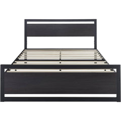 Full Black Metal Platform Bed Frame with Wood Panel Headboard and