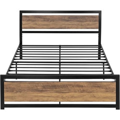 Full Metal Platform Bed Frame with Brown Wood Panel Headboard and