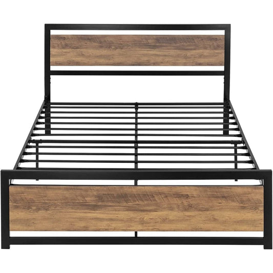 Full Metal Platform Bed Frame with Brown Wood Panel Headboard and