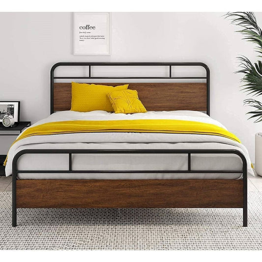 Full Size Industrial Metal Wood Platform Bed Frame with Headboard and