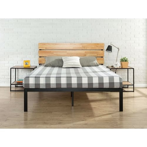 King size Modern Metal Platform Bed Frame with Wood Headboard and