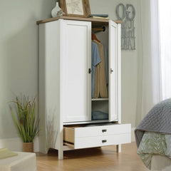 Farmhouse Bedroom Armoire Cabinet w/ Bottom Storage Drawer in White